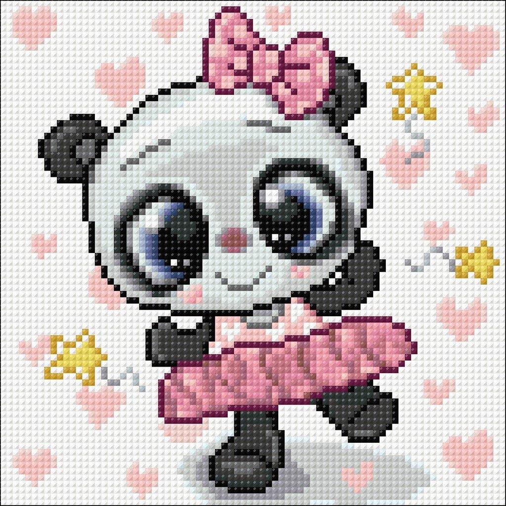 Panda Ballerina CS2479 diamond painting kit with colorful square acrylic diamonds and crafting tools on a self-adhesive canvas.